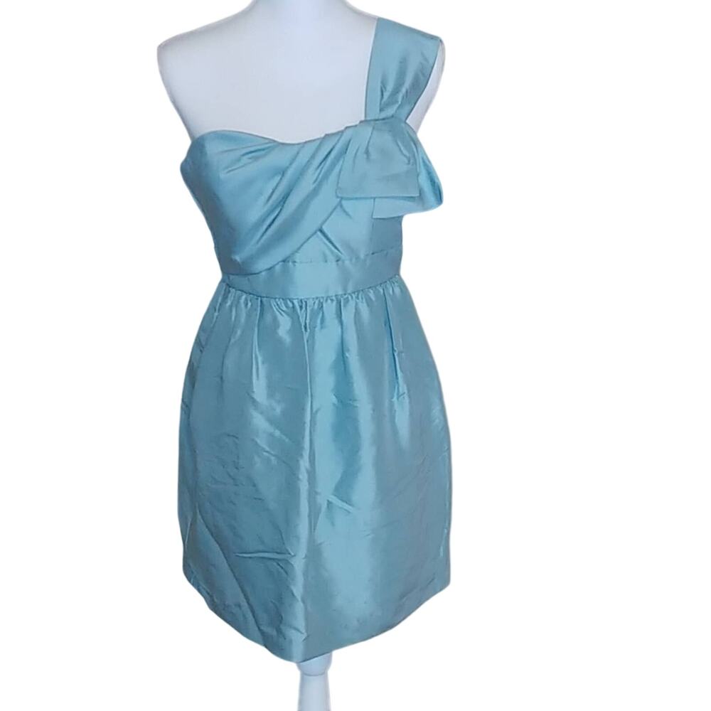 Jenny Yoo Dress Mini Single Shoulder Pockets Ice Blue 100% Silk Sz. 4